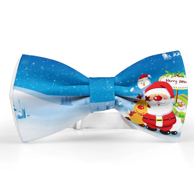 Papion barbati Craciun albastru cu alb si Mos Craciun 